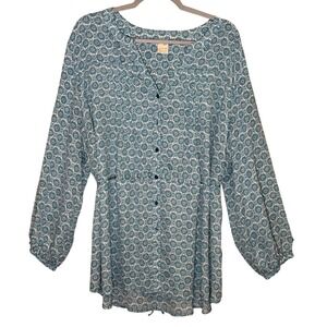 Terra Sky Tunic Blouse Teal Blue Plus 2X Blue Geometric Print Button Front Flowy
